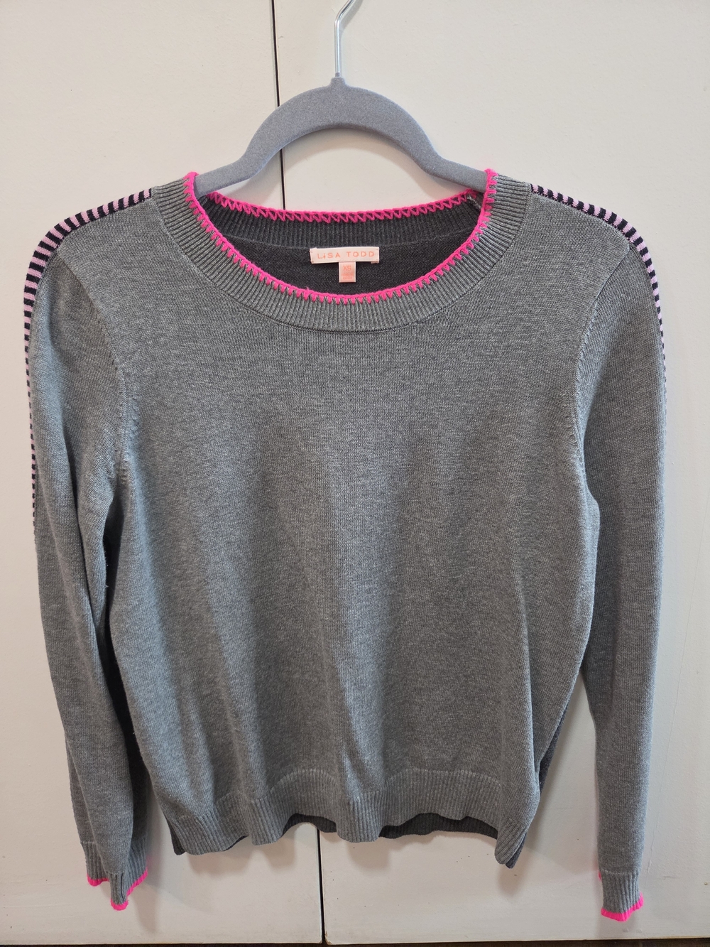 Lisa Todd Gray Crewneck Sweater with Pink Trim